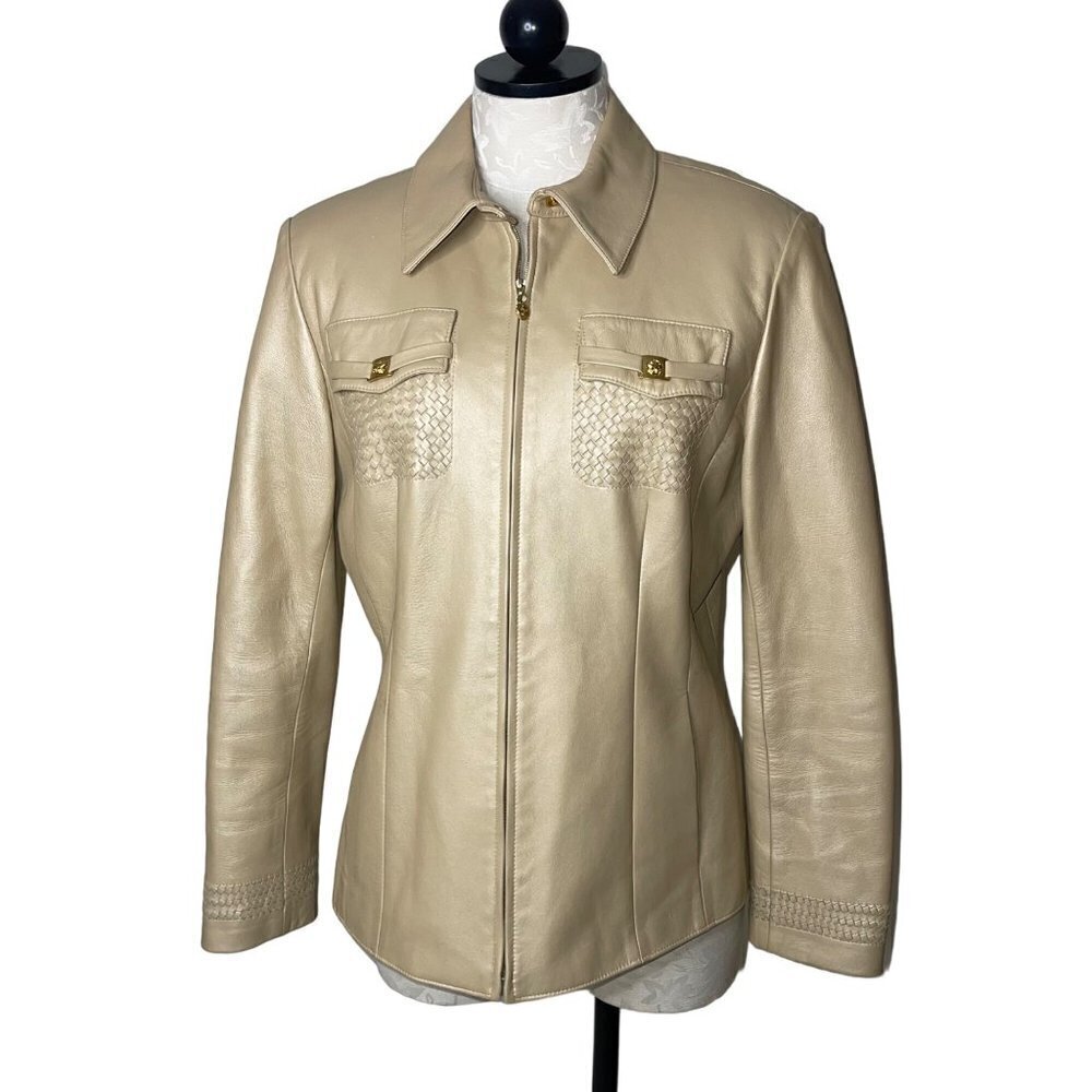 St John Sport By Marie Gray Womens Jacket Size Small Beige Irridescent Leather